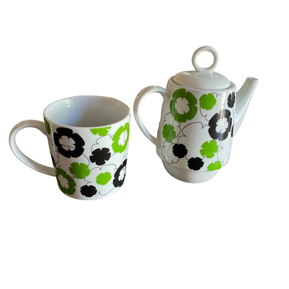 Stackable Teapot And Cup Set Bold Modern Flower Power Stir Gift Navy Blue Green - Picture 10 of 13
